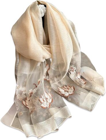 Silk Scarf - Chiffon Scarf With Rose Embroidery, Transparent Tulle, Lightweight Long Shawl Wrap For Spring Autumn in Saudi Arabia