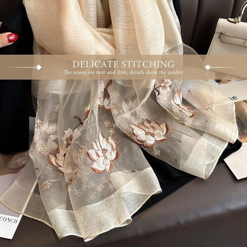 Silk Scarf - Chiffon Scarf With Rose Embroidery, Transparent Tulle, Lightweight Long Shawl Wrap For Spring Autumn in Saudi Arabia