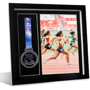 Medal Display Case with Photo Frame – 13x13 Shadow Box for Medals, Awards & Certificates, Solid Wood Frame with Clear Acrylic Panel, Black Sports & Military Medal Holder for Wall or Tabletop
