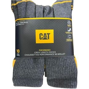 CATERPILLAR (CAT) - Performance Crew Length Socks - 8 to 12 Shoe Size -10 Pack, Greay, 10-12
