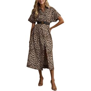 Ladyful Women's Button Down Shirt Dress Short Sleeve Elegant Midi Dress Work Party Wedding Guest Dress