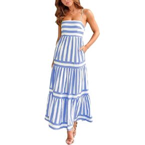 Yuemengxuan Boho Maxi Dresses for Women Spaghetti Strap Flowy Smocked Long Dress Casual Summer Vacation Beach Maxi Dress