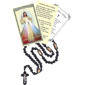 Laminated Divine Mercy Chaplet - Rosary, The Lord's Prayer Card - Black Corded Rosary Beads Catholic Accessory, Holy Cards Set - 3 Items Total