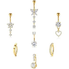 7Pcs Plated Belly Button Ring Surgical Stainless Steel Belly Rings CZ Heart Butterfly Bow Opal Designs for Women Navel Piercings Pack, Silver/Gold