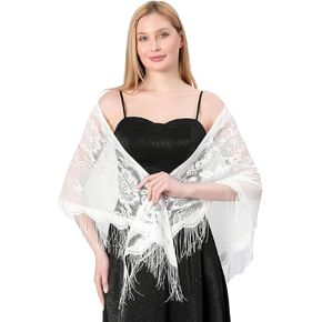 Triangle Lace Shawls and Wraps for Evening Dresses with Tassels for Evening Party Mesh Wedding Shawls (White)