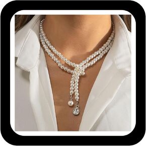 Long Pearl Drop Lariat Necklace Pearl Rhinestone Y-Pendant Necklace Layered Double Strand Pearl Choker Necklace Two Row White Pearl Beaded Necklace Wedding Jewelry for Women