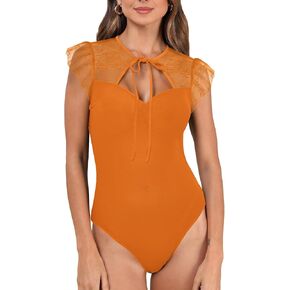 Women's Sheer Lace Crochet Splicing Mesh Short Puff Sleeve Bodysuit Mock Turtle Neck Body Suit Going Out Tops