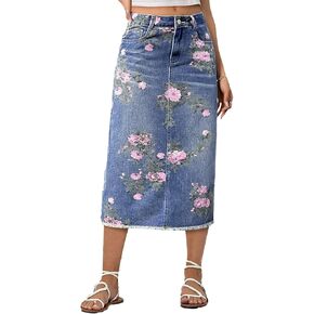 Flamingals Women's High Rise Allover Floral Print Raw Hem Split Back Midi Denim Skirt