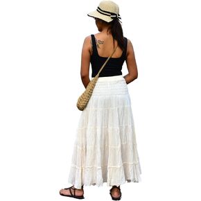 Sakoonee Boho Hippie Maxi Skirt Long Summer Cotton Dress for Women with Smocked Elastic Waist