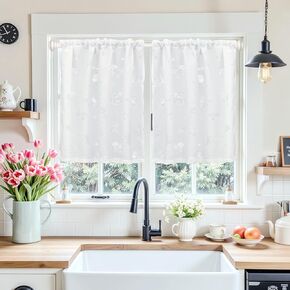 Mocsicka Bohemian Aesthetic Kitchen Curtains with Floral Lace Embroidery, Premium Voile Sheer Window Treatments for Kitchen, Cafe, Living Room & Bedroom UV Protection (White, 36''x30'', Set 2)
