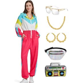 Womens 80s Tracksuit Neon Retro Track Suits for Women Set 90s Jumpsuit 80s Windbreaker Outfit Set