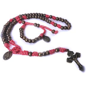 Catholic Heirlooms Paracord Rosary and Rosary Bracelet Set, Acrylic Bronze Beads, Red Paracord