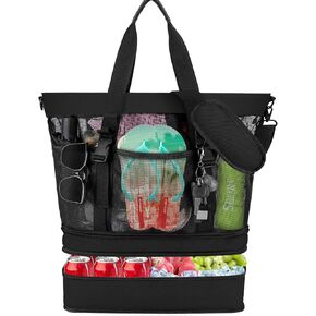 SelfTek Beach Bag with Cooler, Mesh Beach Tote Bag with Zipper and 6 Pockets for Women