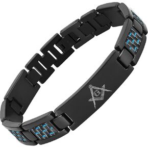 Masonicman Black Titanium Freemasonry Bracelet Masonic مع أداة الألياف الزرقاء وعلبة الهدايا