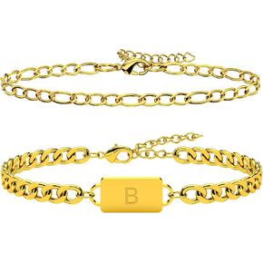 2PCS Initial Letter Stainless Steel Bracelet, A-Z Letter Pendant Silver Gold Black Cuban Figaro Link Chain for Men Women Jewelry Set