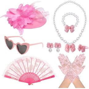 Fumwase 8Pcs Pink Tea Party Accessories Set Gloves Hats Necklace Fan Bracelet Earrings Sunglass Ring for 20s 50s Accessories