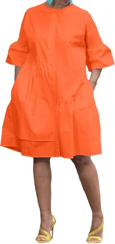 Choichic Button Down Shirt Dresses for Women with Pockets Flare Bell Sleeve A-Line Midi Tunic Dress in Saudi Arabia