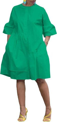Choichic Button Down Shirt Dresses for Women with Pockets Flare Bell Sleeve A-Line Midi Tunic Dress in Saudi Arabia