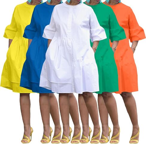 Choichic Button Down Shirt Dresses for Women with Pockets Flare Bell Sleeve A-Line Midi Tunic Dress in Saudi Arabia