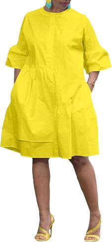 Choichic Button Down Shirt Dresses for Women with Pockets Flare Bell Sleeve A-Line Midi Tunic Dress in Saudi Arabia