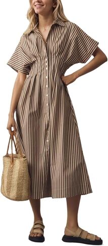 Ladyful Women's Button Down Shirt Dress Short Sleeve Elegant Midi Dress Work Party Wedding Guest Dress in Saudi Arabia
