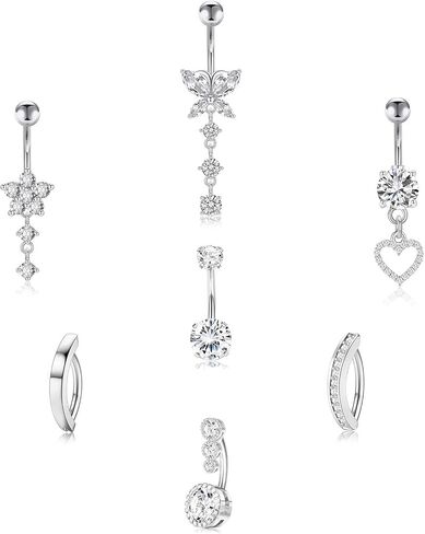 7Pcs Plated Belly Button Ring Surgical Stainless Steel Belly Rings CZ Heart Butterfly Bow Opal Designs for Women Navel Piercings Pack, Silver/Gold in Saudi Arabia