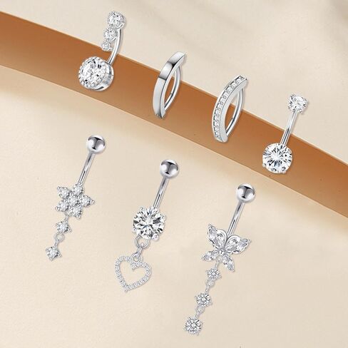 7Pcs Plated Belly Button Ring Surgical Stainless Steel Belly Rings CZ Heart Butterfly Bow Opal Designs for Women Navel Piercings Pack, Silver/Gold in Saudi Arabia