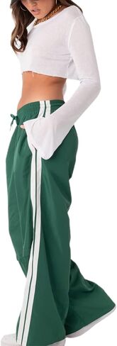 Track Pants Women Baggy Pants Drawstring Waist Striped Wide Leg Cargo Trousers Loose Parachute Y2k Sweatpants in Saudi Arabia