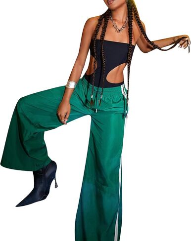Track Pants Women Baggy Pants Drawstring Waist Striped Wide Leg Cargo Trousers Loose Parachute Y2k Sweatpants in Saudi Arabia