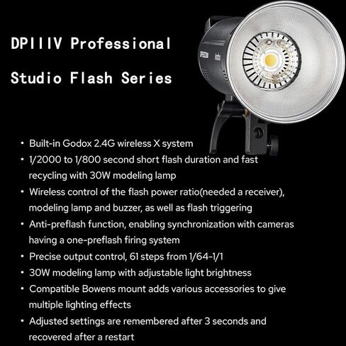 Godox DP600III-V DP600IIIV 600Ws Professional Studio Strobe Flash Light,GN106 0.1-1S Recycle Time,2.4G X System,Bowens Mount w/30W LED Modeling Lamp for Wedding,Portrait,Fashion,Product Photography in Saudi Arabia