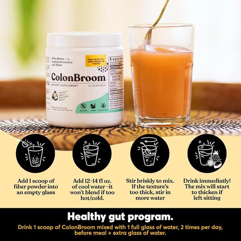 ColonBroom Psyllium Husk Powder with Stevia (Tropical Fruits) - Colon Cleanse for Bloating Relief & Gut Health - Colon Broom Fiber Powder Drink - Vegan Fiber Powder Stevia Supplement, 50 Servings in Kuwait