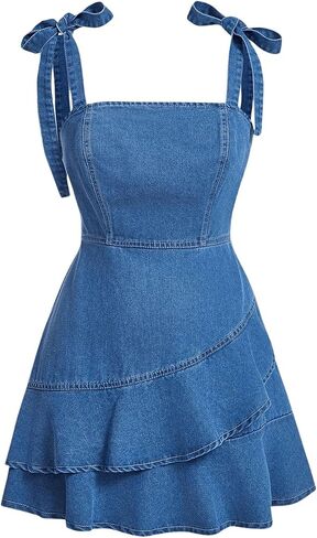 SHENHE Women's Tie Shoulder Sleeveless Denim Mini Dress Layered Ruffle Hem Jean Dress in Kuwait
