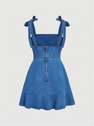 SHENHE Women's Tie Shoulder Sleeveless Denim Mini Dress Layered Ruffle Hem Jean Dress in Kuwait
