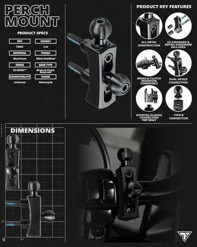 Tackform Black Motorcycle Perch/Brake/Clutch Reservoir Device Mount | Dual 20mm Balls | Aluminum | Hardware Included | Compatible with Harley-Davidson, Gold Wing, Honda, More | Various Models in Saudi Arabia
