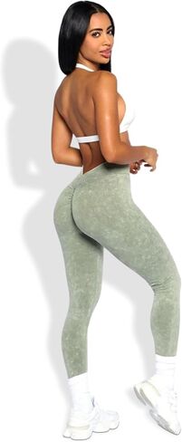 Women’s Seamless Acid Wash Leggings - Stretch Knit, No Front Seam, Low V-Back Design, Enhanced Scrunch Butt in Saudi Arabia