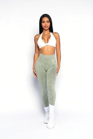 Women’s Seamless Acid Wash Leggings - Stretch Knit, No Front Seam, Low V-Back Design, Enhanced Scrunch Butt in Saudi Arabia