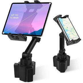 Cup Holder Car Tablet Mount, Universal 360° Rotation Adjustable Long Arm Holder Stand for iPad Pro 12.9/11/10.5/9.7/Air/Mini 6/5/4, Samsung Galaxy Tab/Z Fold 4/3, Amazon Fire HD, 4.7-12.9" Tab & Phone