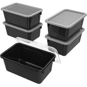 Storex Small Cubby Bins – Plastic Storage Containers for Classroom with Non-Snap Lid, 12.2 x 7.8 x 5.1 inches, Black, 5-Pack (62463A05C)