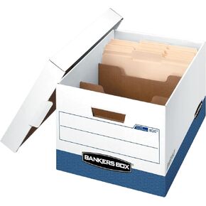 Bankers Box 12 Pack R-KIVE DIVIDERBOX Heavy-Duty File Storage Boxes with Dividers, FastFold, Lift-Off Lid, Letter, White/Blue