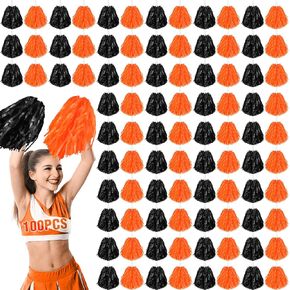 100 Pcs Cheerleading Pom Poms Metallic Foil Cheer Pompoms with Plastic Handle Cheerleader Pompoms Spirit Fun Pom Poms for Cheer Squad Dancing Party Performance Game Ball Sports Team (Black, Orange)