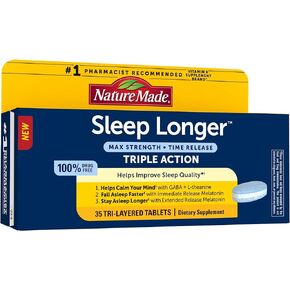 Nature Made Sleep Longer, Melatonin 10mg Time Release Tri-Layer Tablets, Helps Improve Sleep Quality, Fall Asleep Faster, Stay Asleep Longer, L-Theanine and GABA to Help Calm Your Mind, 35 Tablets