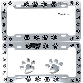Animal Black Paws Print Design License Plate Frame, Pet Dog Cat, Set of 2 with 2pcs 3D Chrome Dog Paw Footprint Sticker Decal