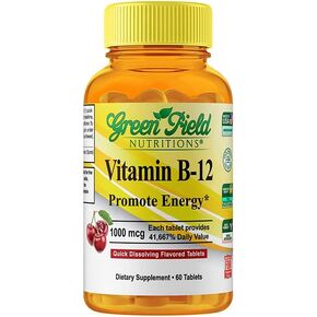 Greenfield Nutritions Halal Vitamin B12 1000mcg - Cherry Flavored Fast Absorption 60 Sublingual B12 Tablets - Natural B12 Halal Vitamins, Supports Brain, Blood Cell Health and Energy Metabolism