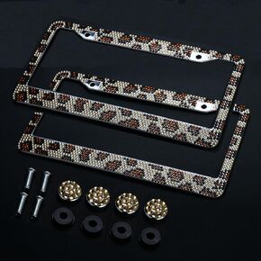 2PCS Auto Leopard License Plate Frame,Leopard Bling License Plate Frame, Rhinestone Leopard Car Accessories for Women