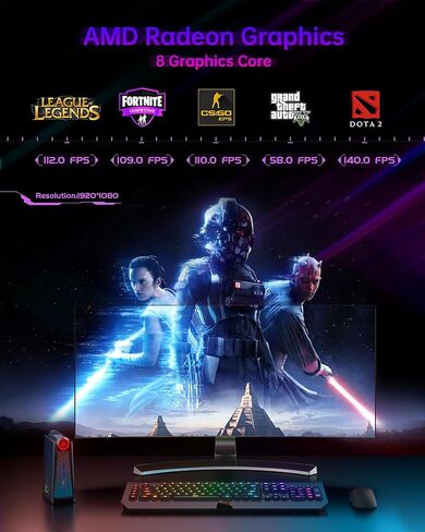 ACEMAGICIAN Mini PC Gaming، AMD Ryzen 7 5700U 32GB DDR4 512GB M.2 SSD 11 Pro Zen 3 Ryzen Mini PC RGB Lights AMR5 Mini Computer 4K UHD، Type-C، WiFi6/BT5.2، تشغيل تلقائي in Kuwait