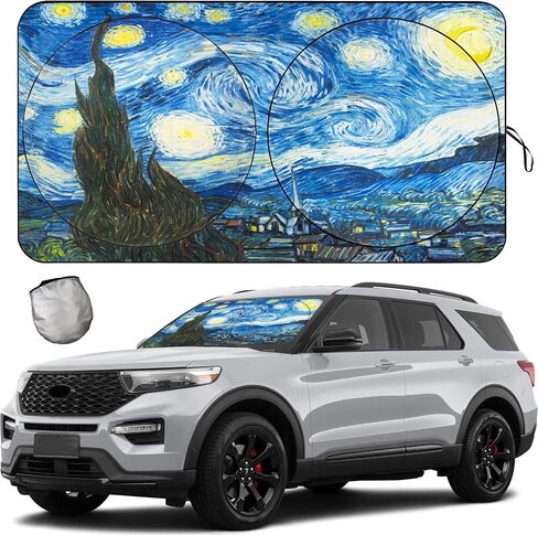 مظلات الشمس للزجاج الأمامي من Van Gogh Starry Sky، مظلة شمسية للسيارة للنافذة الأمامية لشاحنة السيارة ذات الدفع الرباعي، تحمي السيارة من أضرار درجات الحرارة العالية وانعكاس الأشعة فوق البنفسجية، قابلة للطي - 63 طولًا × 33.5 بوصة عرضًا in Kuwait