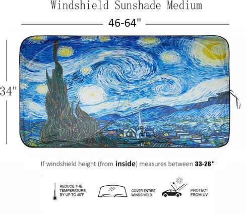 مظلات الشمس للزجاج الأمامي من Van Gogh Starry Sky، مظلة شمسية للسيارة للنافذة الأمامية لشاحنة السيارة ذات الدفع الرباعي، تحمي السيارة من أضرار درجات الحرارة العالية وانعكاس الأشعة فوق البنفسجية، قابلة للطي - 63 طولًا × 33.5 بوصة عرضًا in Kuwait