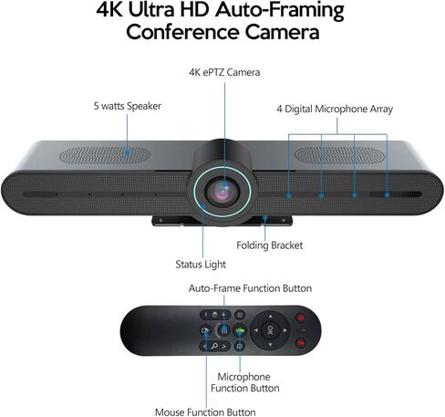 نظام كاميرا غرفة الاجتماعات بالفيديو والصوت فائق الدقة 4K، شريط فيديو USB الكل في واحد لغرف الاجتماعات المتجمعة، تأطير تلقائي بالذكاء الاصطناعي، كاميرا مؤتمرات فيديو ePTZ ذات زاوية واسعة in Kuwait