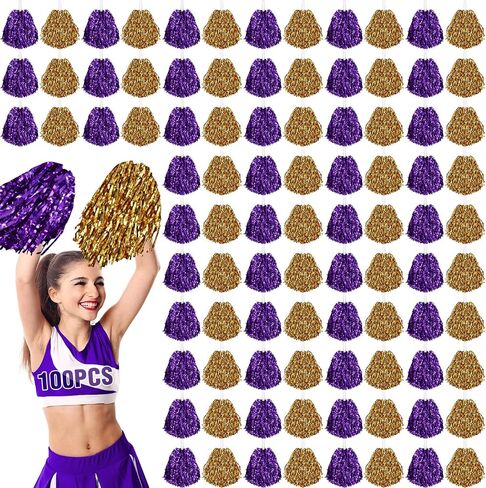 100 Pcs Cheerleading Pom Poms Metallic Foil Cheer Pompoms with Plastic Handle Cheerleader Pompoms Spirit Fun Pom Poms for Cheer Squad Dancing Party Performance Game Ball Sports Team (Black, Orange) in Kuwait