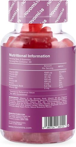 علكة فيتامين ب12 من نوفومين - مكمل لدعم الطاقة والتمثيل الغذائي عالي القوة - فيتامين ب12 1000 ميكروجرام - نباتي، غير معدّل وراثيًا - غني بفيتامين C، B1، B2، B6، البيوتين - مصنوع in Kuwait